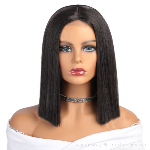 Highlight Short Bob Wigs Blonde Brown Lace Wigs for Black Women Synthetic Hair Straight Middle Part Colored Cut Wig 150 Density